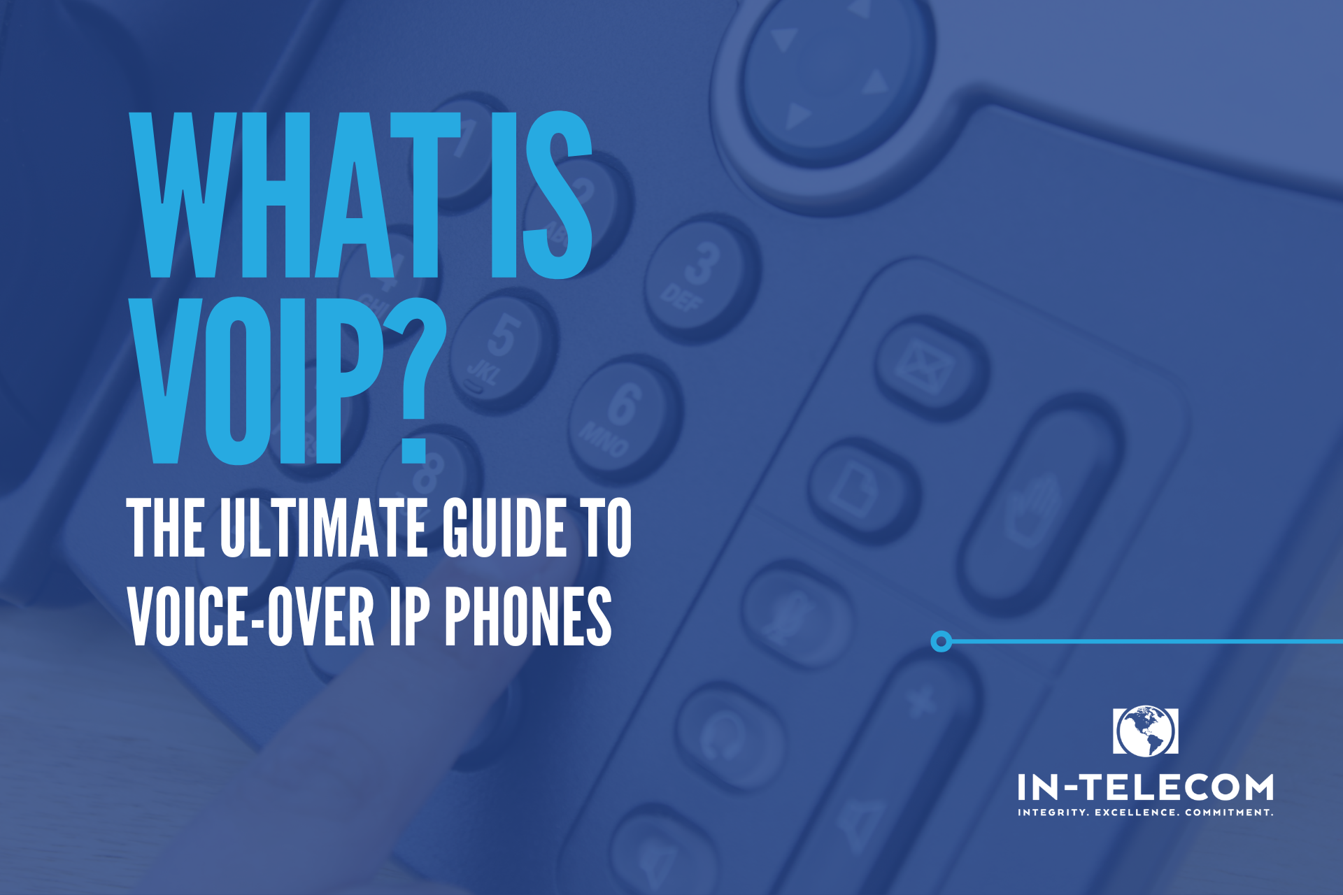 Picture of a voice-over IP (voip) phone, text that says "What is VOIP? The ultimate guide to voice-over IP phones"