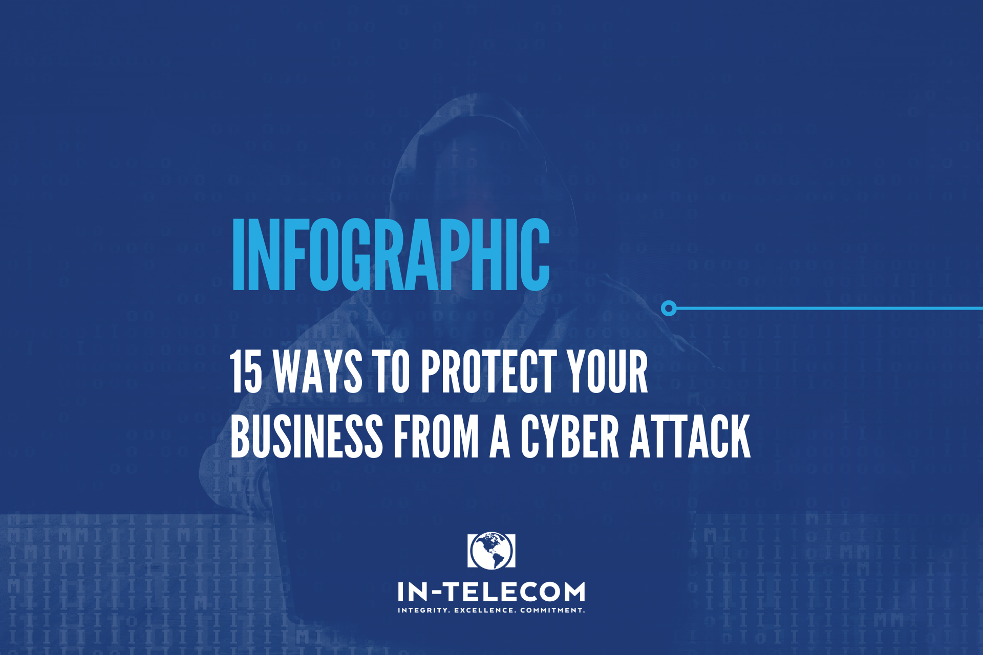 Image of a hacker with text that says Infographic - 15 ways to protect your business from a cyber attack.