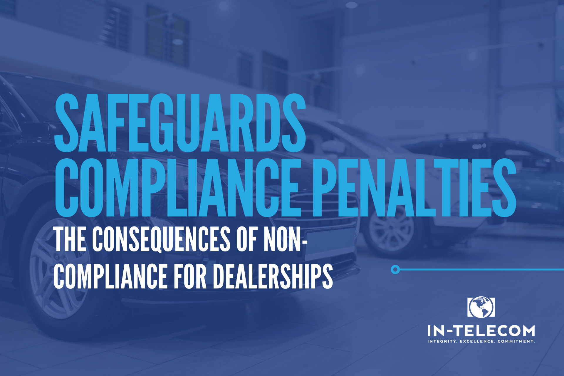 Image of a car dealership with text saying safeguards compliance penalties, the consequences of non-compliance for dealerships