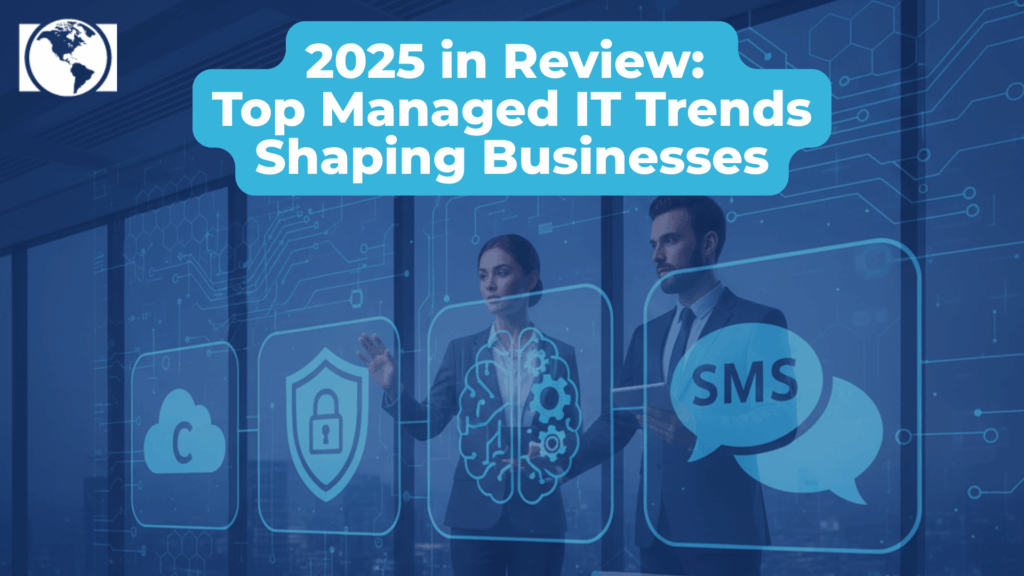 Two business people interacting with a holographic digital interface displaying IT service icons: cloud computing, cybersecurity shield, AI/automation, and SMS messaging bubbles.