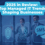 Two business people interacting with a holographic digital interface displaying IT service icons: cloud computing, cybersecurity shield, AI/automation, and SMS messaging bubbles.