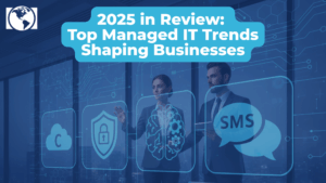 Two business people interacting with a holographic digital interface displaying IT service icons: cloud computing, cybersecurity shield, AI/automation, and SMS messaging bubbles.